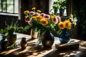 bloemen in vazen Aan een tafel. ai-gegenereerd foto