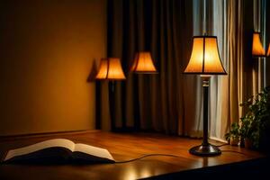 een lamp en boek Aan een tafel in voorkant van een venster. ai-gegenereerd foto