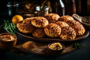 broodjes Aan een houten dienblad met mosterd en andere ingrediënten. ai-gegenereerd foto