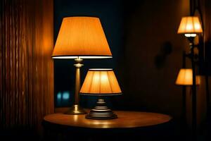 twee lampen Aan een tafel in een donker kamer. ai-gegenereerd foto