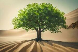 een boom in de woestijn met zand duinen. ai-gegenereerd foto