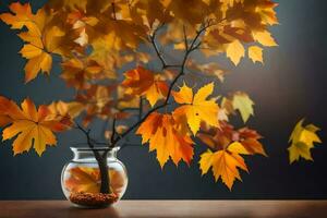 herfst bladeren in een vaas Aan een tafel. ai-gegenereerd foto