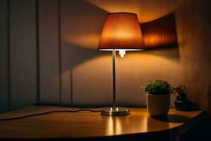 een tafel lamp Aan een houten tafel. ai-gegenereerd foto