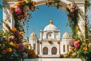 een wit kerk met een mooi boog en bloemen. ai-gegenereerd foto