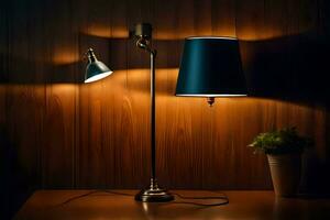 een lamp Aan een tafel in voorkant van een houten muur. ai-gegenereerd foto