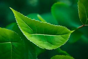 een dichtbij omhoog van een groen blad. ai-gegenereerd foto