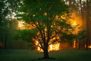 een boom is brandend in de midden- van een veld. ai-gegenereerd foto