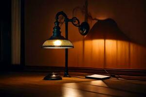 een lamp Aan een tafel in de donker. ai-gegenereerd foto