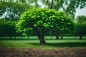 een boom in een veld- met groen bladeren. ai-gegenereerd foto