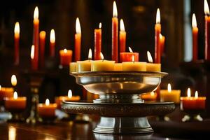 veel kaarsen zijn lit in een kerk. ai-gegenereerd foto