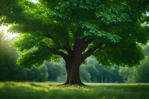 een groot boom in de midden- van een groen veld. ai-gegenereerd foto