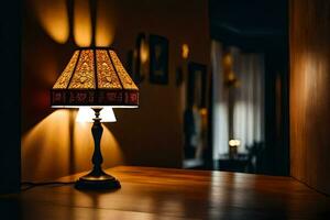 een lamp Aan een tafel in een donker kamer. ai-gegenereerd foto