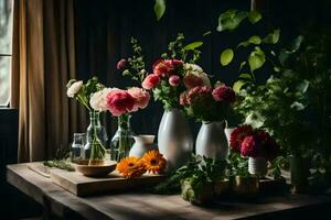 bloemen in vazen Aan een tafel in voorkant van een venster. ai-gegenereerd foto