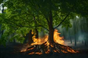 een boom met brand en rook komt eraan uit van het. ai-gegenereerd foto