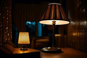 een lamp en een lampenkap Aan een tafel. ai-gegenereerd foto