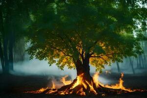 een boom met vlammen komt eraan uit van het in de midden- van een Woud. ai-gegenereerd foto