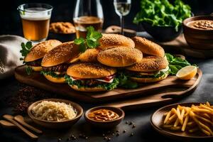 een verscheidenheid van hamburgers en Patat Aan een houten bord. ai-gegenereerd foto