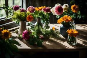 bloemen in vazen Aan een tafel. ai-gegenereerd foto