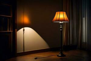 een lamp is Aan in de donker kamer. ai-gegenereerd foto