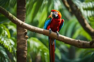 een kleurrijk papegaai zit Aan een Afdeling in de oerwoud. ai-gegenereerd foto