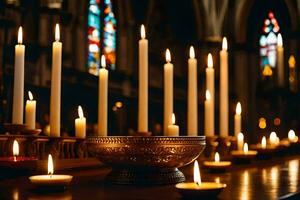 kaarsen zijn lit in een kerk met een groot schaal. ai-gegenereerd foto