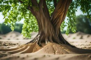 een boom met wortels in de zand. ai-gegenereerd foto