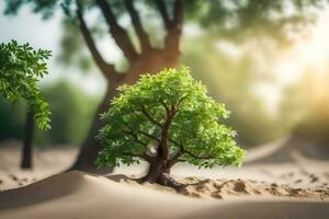 een klein boom is groeit in de zand. ai-gegenereerd foto