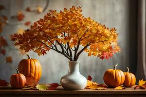 herfst bladeren en pompoenen in een vaas Aan een tafel. ai-gegenereerd foto