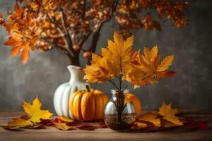 herfst bladeren en pompoenen in vaas Aan tafel. ai-gegenereerd foto