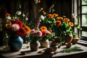 bloemen in vazen Aan een tafel in voorkant van een venster. ai-gegenereerd foto