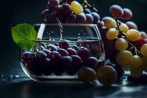 druiven in een glas met water. ai-gegenereerd foto