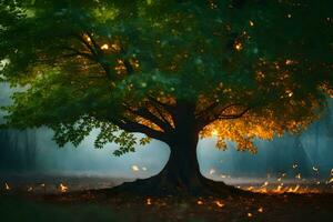 een boom met gloeiend lichten in de midden- van de Woud. ai-gegenereerd foto
