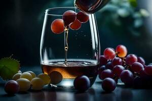 wijn gieten in een glas van druiven. ai-gegenereerd foto