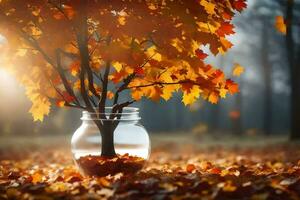 herfst bladeren in een pot Aan de grond. ai-gegenereerd foto