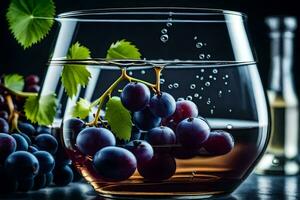 druiven in een glas met wijn en fles. ai-gegenereerd foto