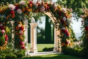 een kleurrijk boog met bloemen in voorkant van een groen gazon. ai-gegenereerd foto