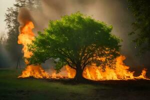 een boom is brandend in de veld. ai-gegenereerd foto