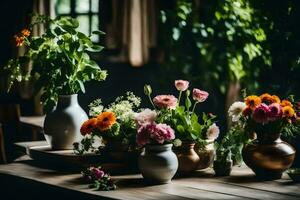 bloemen in vazen Aan een houten tafel. ai-gegenereerd foto