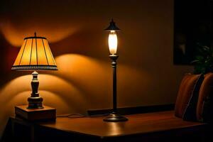een lamp en een tafel lamp in een donker kamer. ai-gegenereerd foto