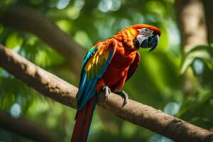 een kleurrijk papegaai zit Aan een Afdeling in de Woud. ai-gegenereerd foto