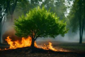 een boom is brandend in de midden- van een Woud. ai-gegenereerd foto