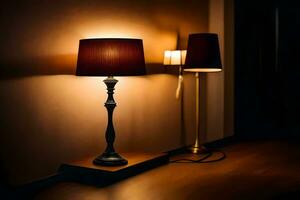 een lamp en een lamp schaduw Aan een houten vloer. ai-gegenereerd foto