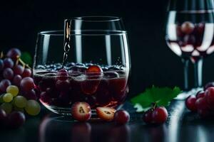 gieten wijn in een glas van rood druiven. ai-gegenereerd foto