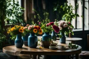 een tafel met blauw vazen gevulde met bloemen. ai-gegenereerd foto