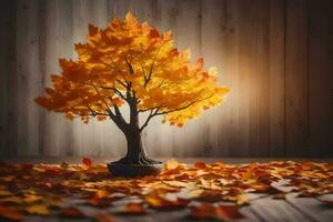 herfst boom in een vaas Aan een houten tafel. ai-gegenereerd foto