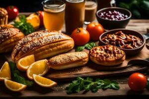 voedingsmiddelen Aan een houten tafel met brood, sinaasappels en andere voedingsmiddelen. ai-gegenereerd foto