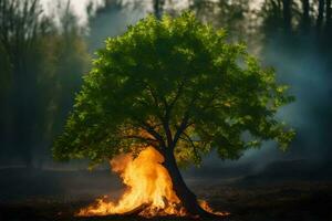 een boom is brandend in de midden- van een Woud. ai-gegenereerd foto