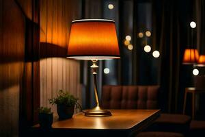 een tafel met een lamp Aan het in een donker kamer. ai-gegenereerd foto