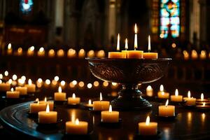 kaarsen zijn lit in een kerk met kaarsen in de achtergrond. ai-gegenereerd foto