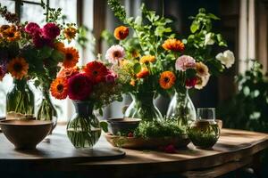 bloemen in vazen Aan een tafel. ai-gegenereerd foto